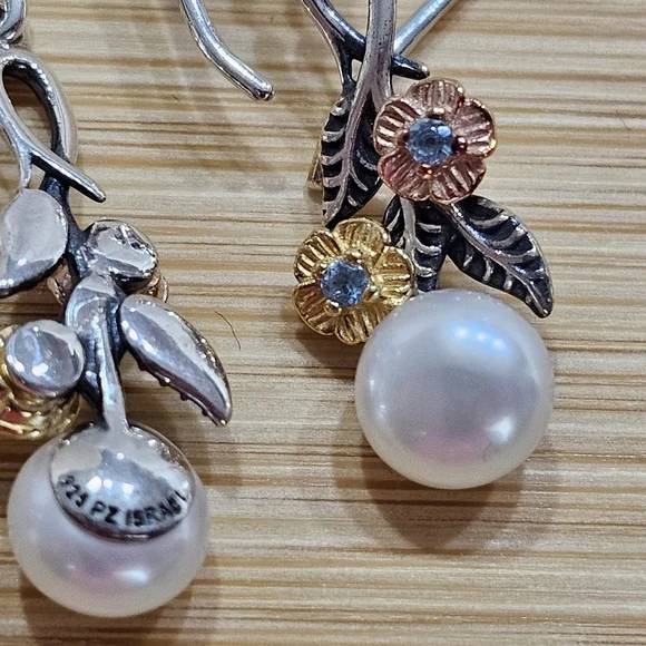 PZ Israel 925 Silver with Blue Topaz and Freshwater Pearls Drop Earrings - Picture 3 of 15